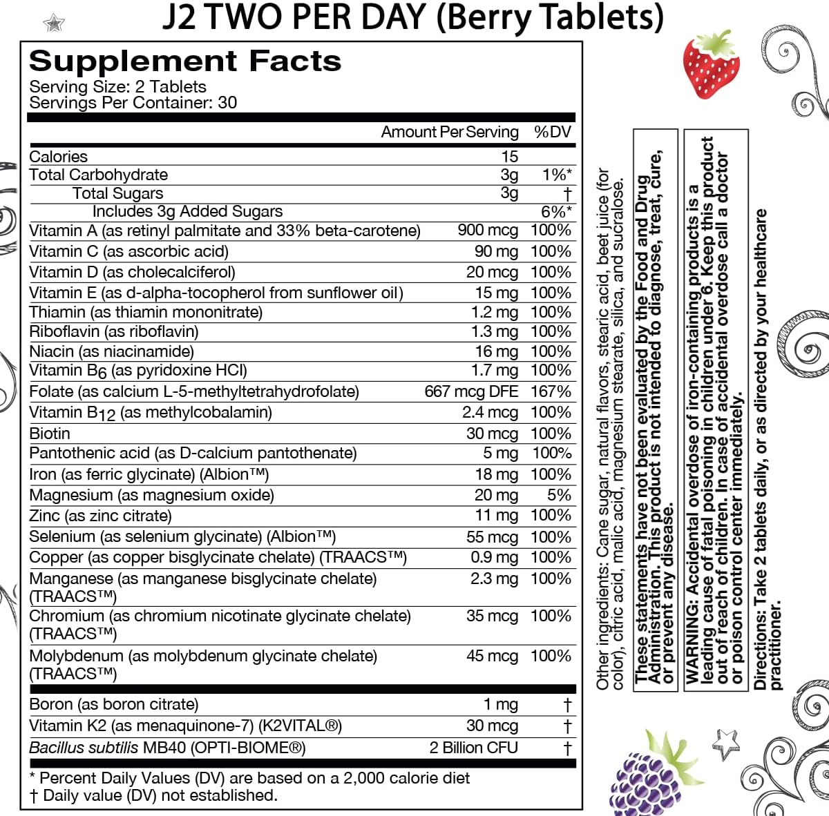 J2 Multivitamínico Masticable Dos al Día - Sabor Baya - 60 Comprimidos (30 Días)