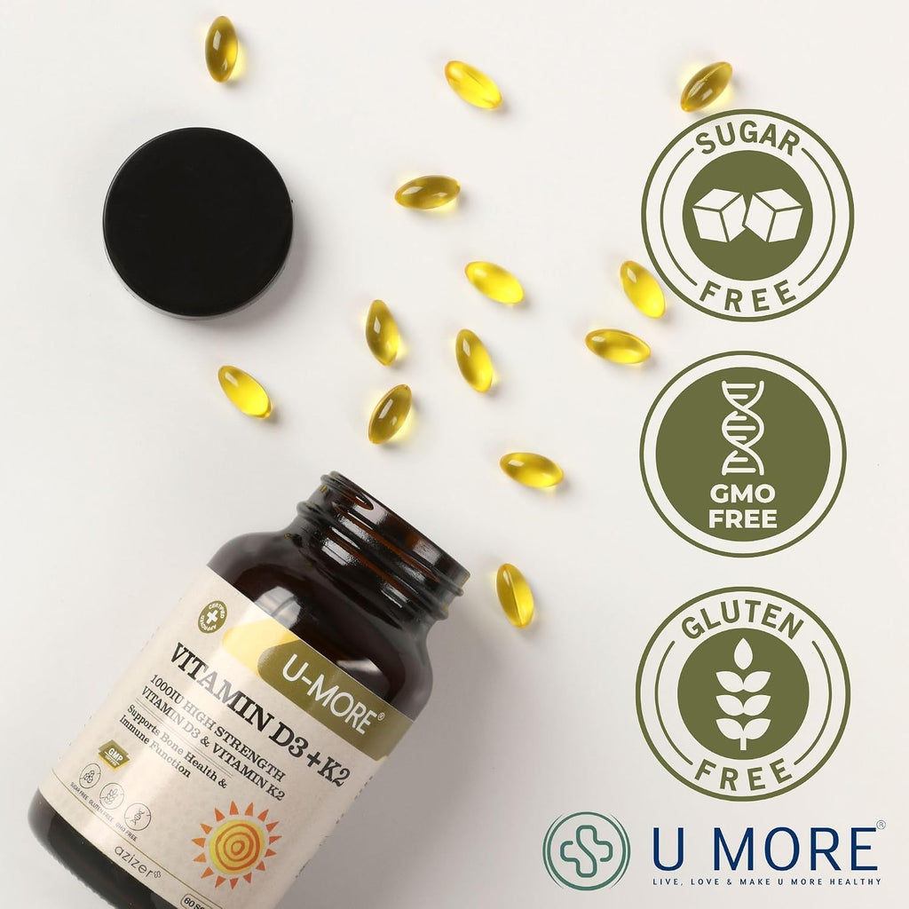 U-MORE - 1000 IU Vitamina D3 & K2 (Menaquinona 7) - Sin Azúcar - 60 Cápsulas Blandas