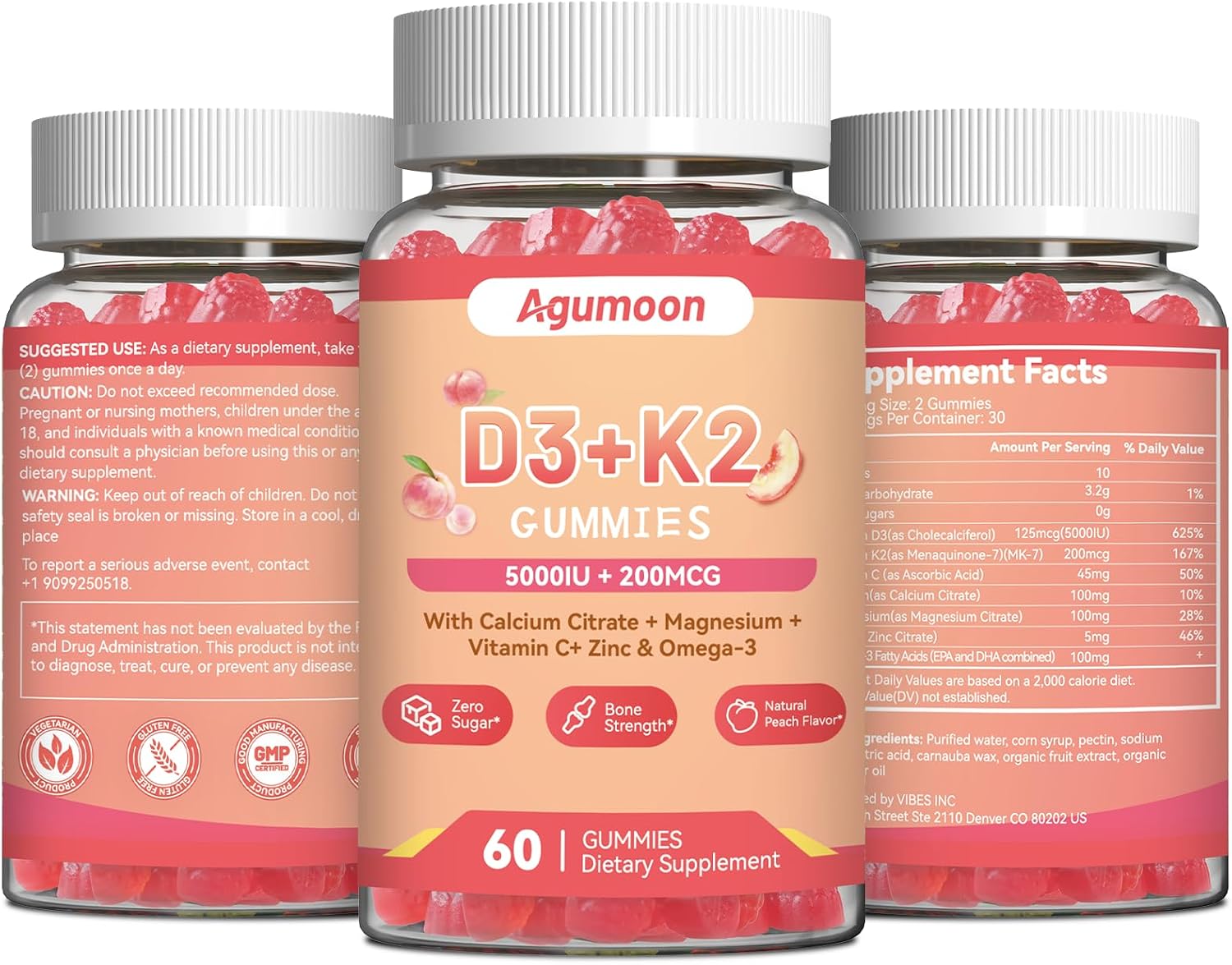 Agumoon Vitamina D3 K2 Gominolas - 5000IU + 200mcg MK-7 - 60 uds