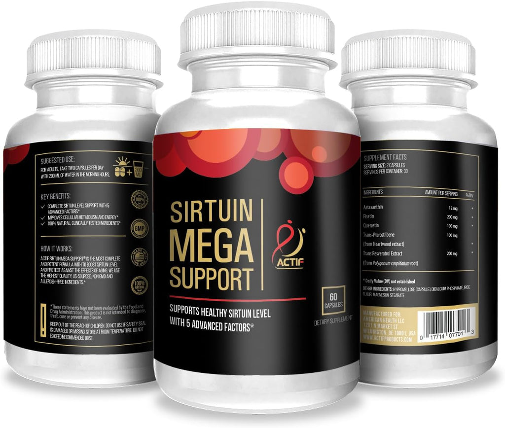 Actif Sirtuin Mega Support con 5 Factores Avanzados – Apoyo Antienvejecimiento, 100% Natural, No Transgénico, 60 Cápsulas