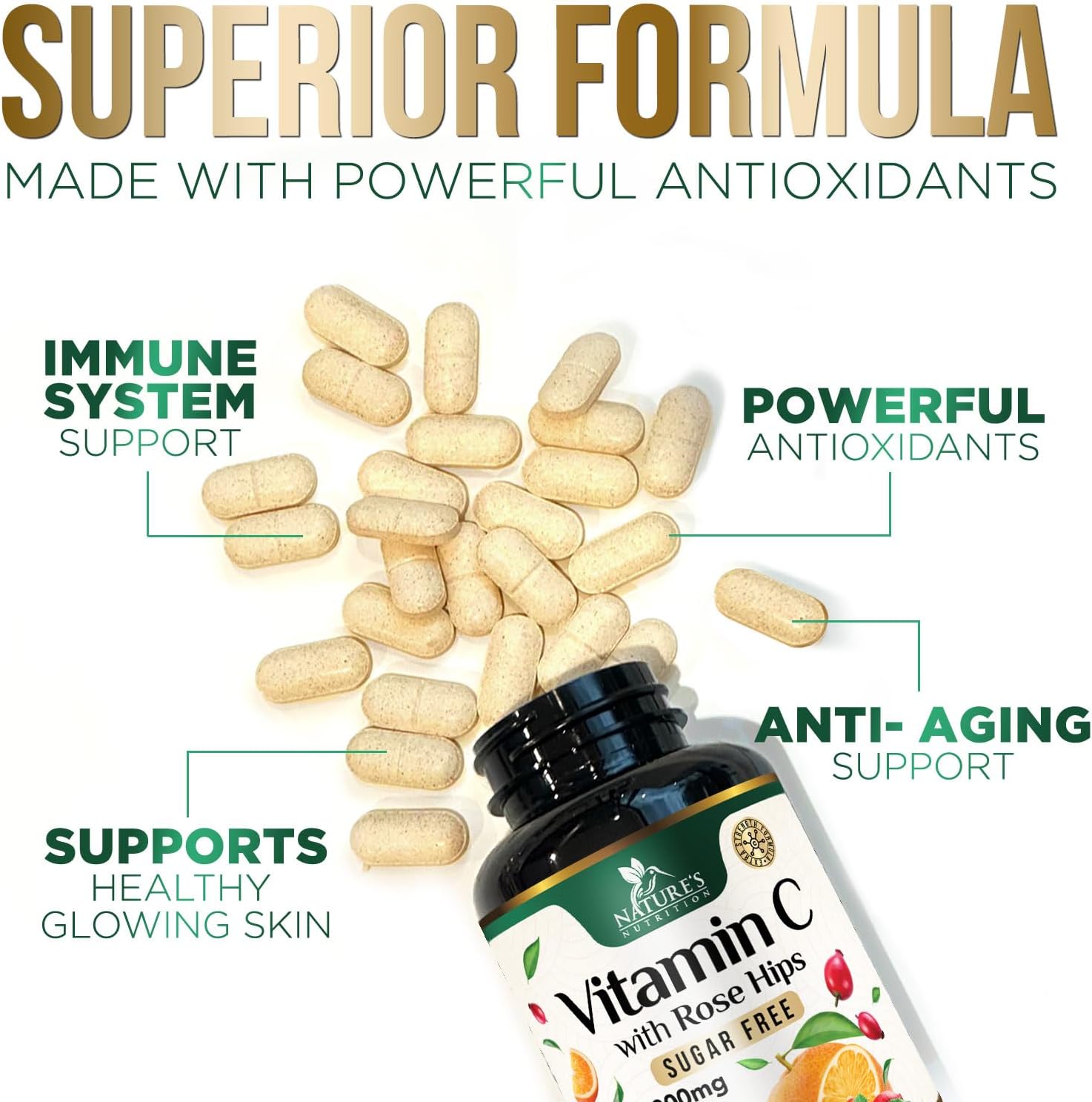 Vitamina C 1000 mg Masticable sin Azúcar con Escaramujo - 120 Comprimidos - Nature's Nutrition