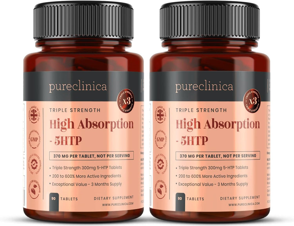 pureclinica 5HTP Alta Concentración 300mg x 180 Comprimidos (2 x 90) – Suministro para 6 Meses – con Vitamina C, B6 y Extracto de Pimienta Negra