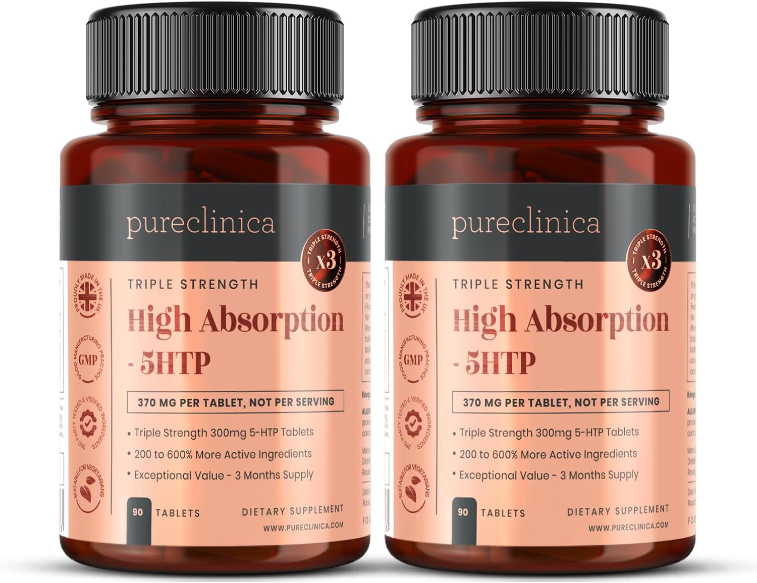 pureclinica 5HTP Alta Concentración 300mg x 180 Comprimidos (2 x 90) – Suministro para 6 Meses – con Vitamina C, B6 y Extracto de Pimienta Negra