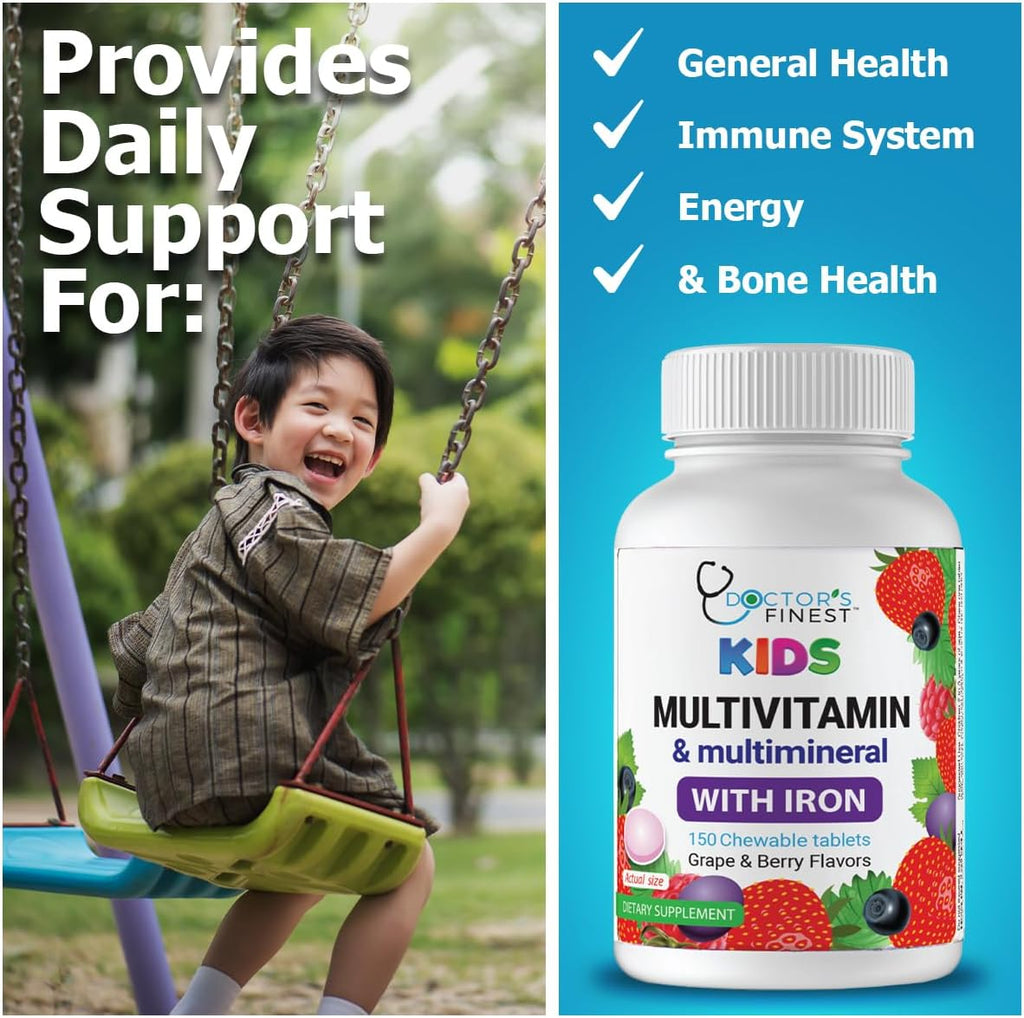 Doctor's Finest Multivitamínico y Multimineral Infantil con Hierro, Sabor Uva y Bayas, 150 Comprimidos Masticables