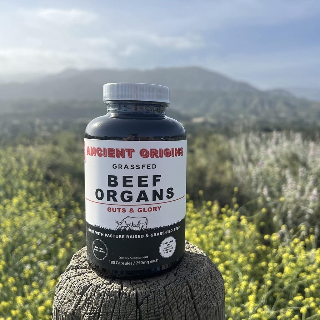 Ancient Origins Suplemento de Órganos de Res Grass Fed 4500 mg - Hígado, Médula Ósea, Corazón, Bazo, Páncreas y Riñón, No Transgénico, Sin Gluten, Sin Desgrasar (180 Cápsulas, 750 mg cada una)