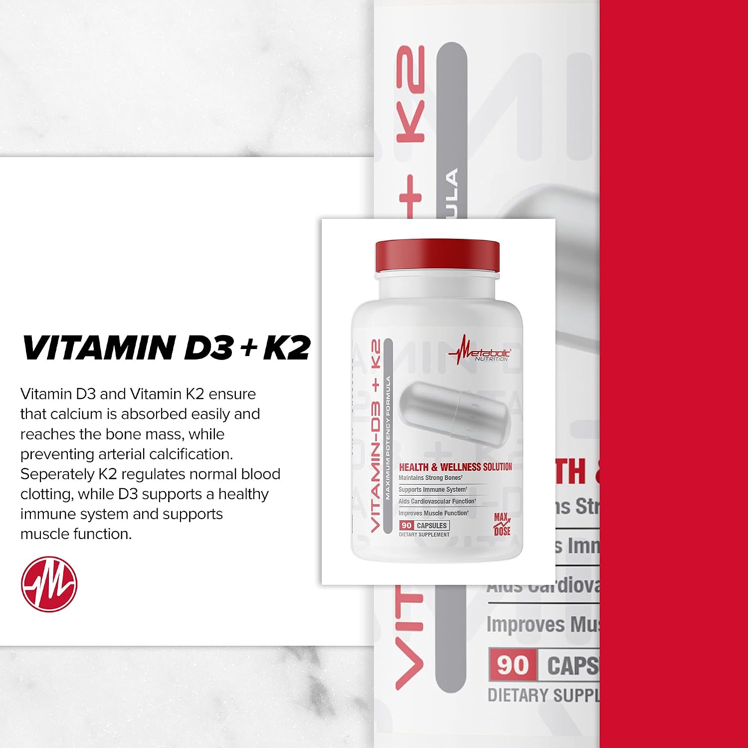 Metabolic Nutrition Vitamina D3 + K2, 7000 UI, 90 Cápsulas Vegetales
