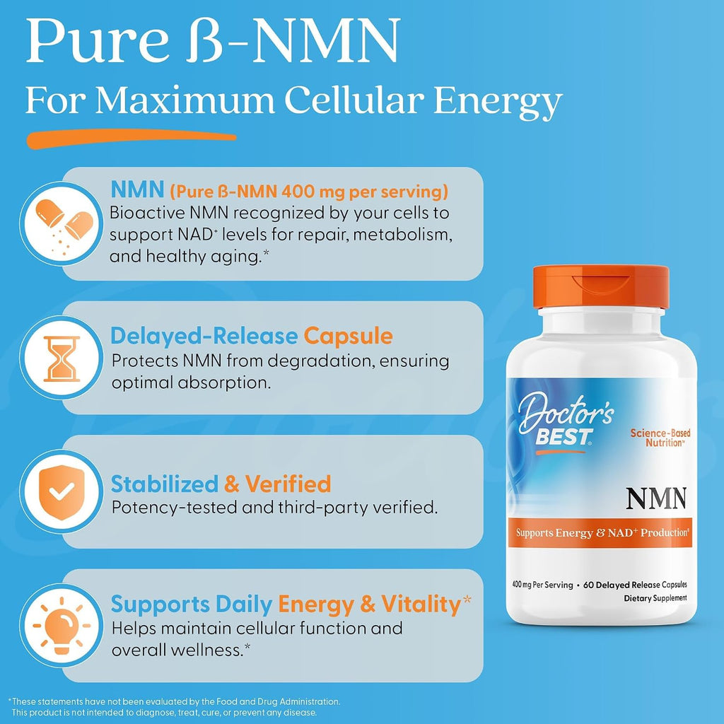 Doctor's Best NMN 200 mg - Suplemento de Nicotinamida Mononucleótido Beta - Apoyo a la Producción de NAD+ y Energía Celular - 60 Cápsulas Veganas