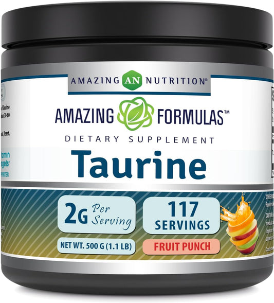 Amazing Formulas Taurina en Polvo 500 g (1.1 lb) | 2000 mg por Ración | 111 Raciones | Sin Gluten | No GMO | Hecho en EE.UU. (Sabor Fruta)