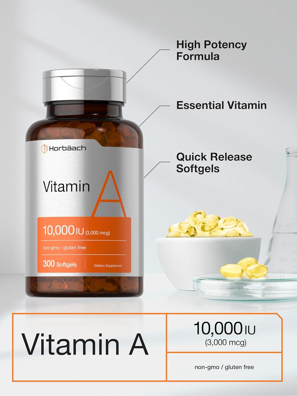 Horbäach Vitamina A 10000 UI Cápsulas Blandas | 300 Unidades | Complemento Alimenticio Sin Gluten, No-GMO