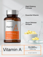 Horbäach Vitamina A 10000 UI Cápsulas Blandas | 300 Unidades | Complemento Alimenticio Sin Gluten, No-GMO