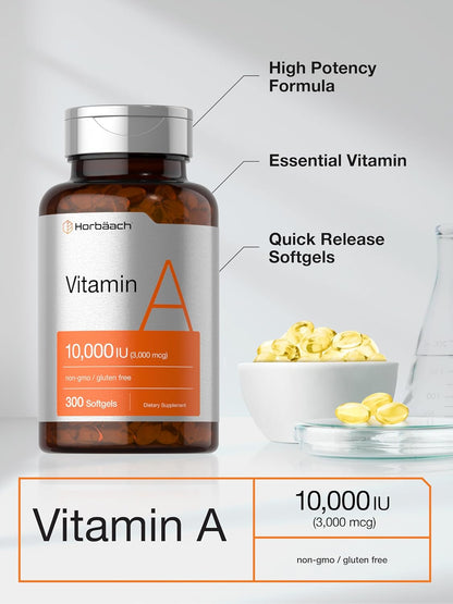 Horbäach Vitamina A 10000 UI Cápsulas Blandas | 300 Unidades | Complemento Alimenticio Sin Gluten, No-GMO – Image 4