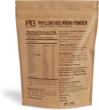 MB Herbals Wildcrafted Phyllanthus Niruri Powder 3.5 oz / 100 Grams | Chanca Piedra | Bhumi-Amla | Gluten Free | No – Image 2