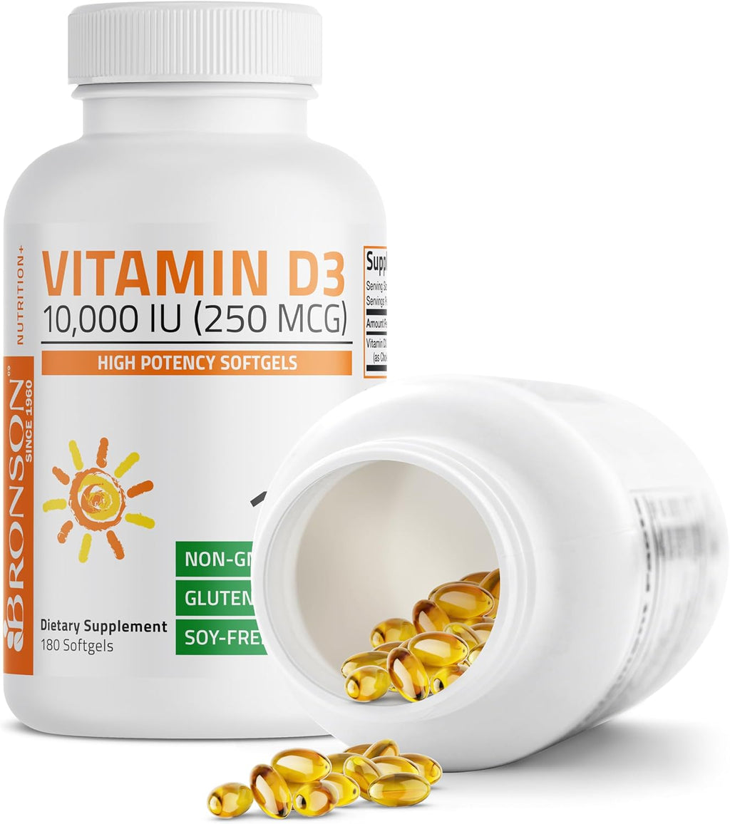 Bronson Vitamin D3 10,000 IU (250 mcg) Alta Potencia - Apoya el Sistema Inmunitario, Huesos, Músculos y Dientes - No GMO, 180 Cápsulas Blandas