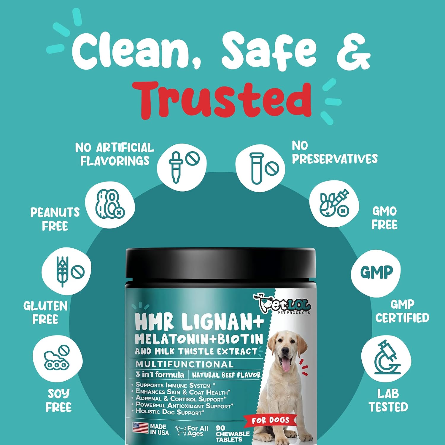 HMR Lignan + Melatonina + Biotina + Cardo Mariano para Perros | Fórmula 4 en 1 | Apoyo Adrenal y Niveles Normales de Cortisol | Salud de Piel, Pelaje y Digestiva | 90 Comprimidos Masticables | Sabor Natural a Carne