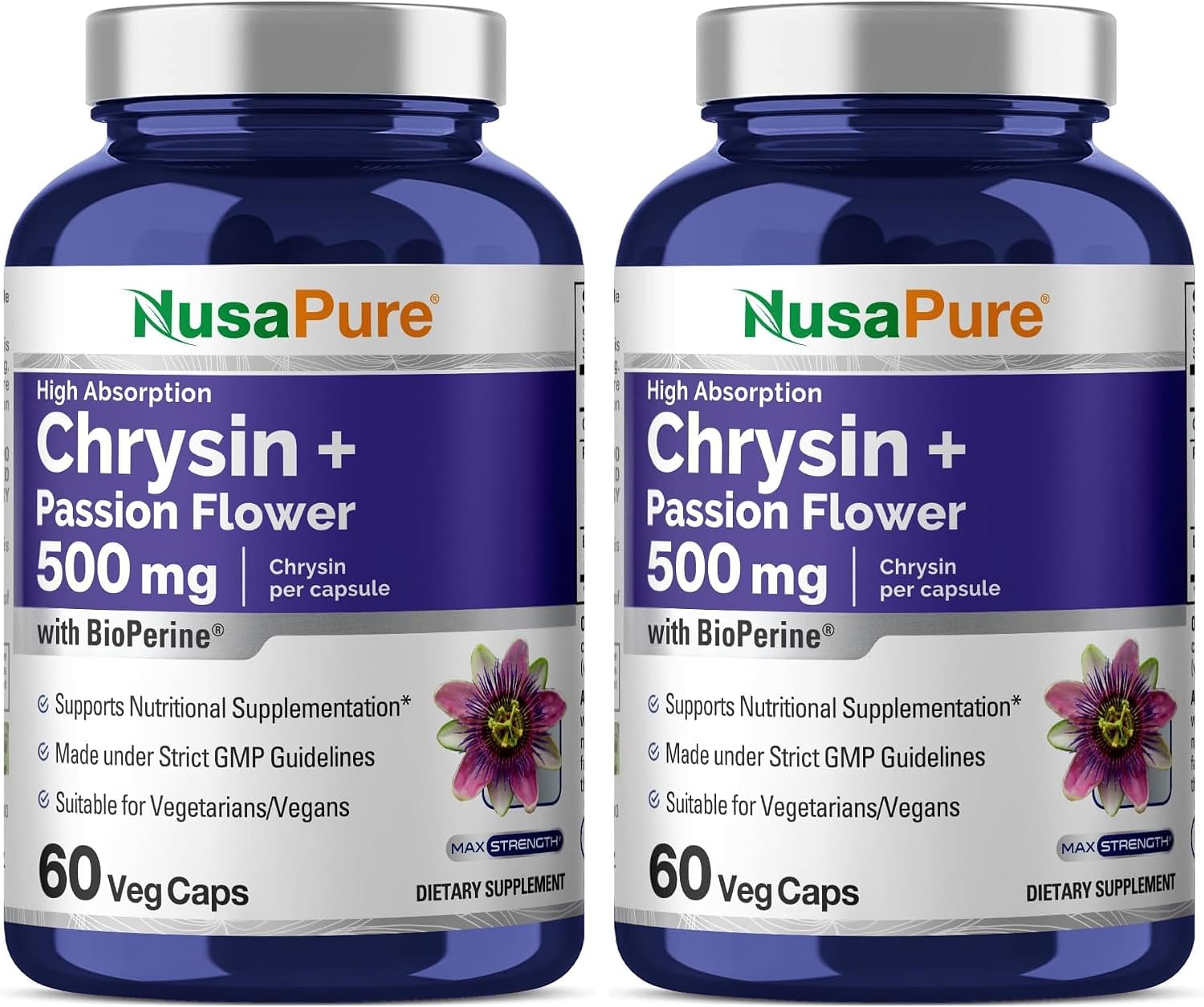 NusaPure Chrysin, 500mg, 60 Cápsulas Vegetales (No-GMO, Vegano)