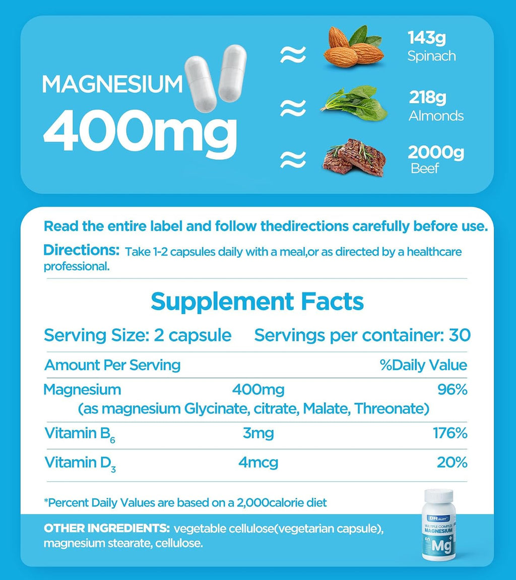 Dralot Nutrition - Complejo de Magnesio Cuádruple: 400mg de Glicinato, L-Treonato, Citrato y Malato con Vitamina D3 y B6 - 60 Cápsulas Veganas