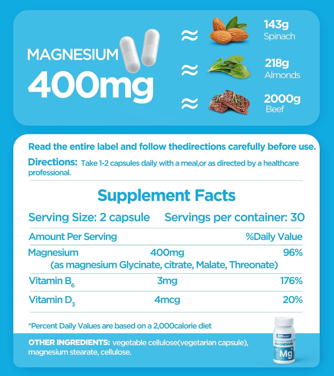 Dralot Nutrition - Complejo de Magnesio Cuádruple: 400mg de Glicinato, L-Treonato, Citrato y Malato con Vitamina D3 y B6 - 60 Cápsulas Veganas