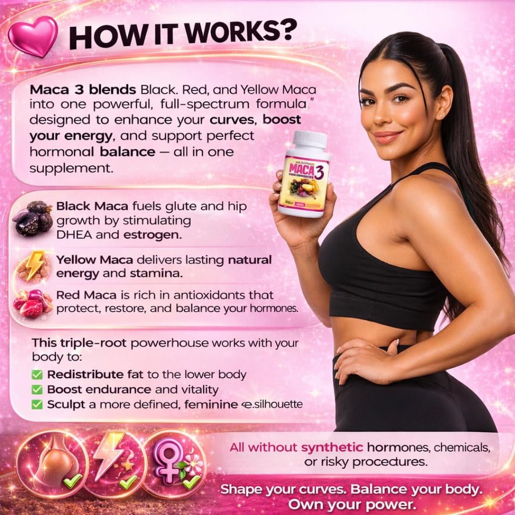 Maca 3 Cápsulas – Mezcla de Raíz de Maca Negra, Roja y Amarilla – Equilibrio Femenino y Apoyo Corporal Natural – Fórmula Herbal