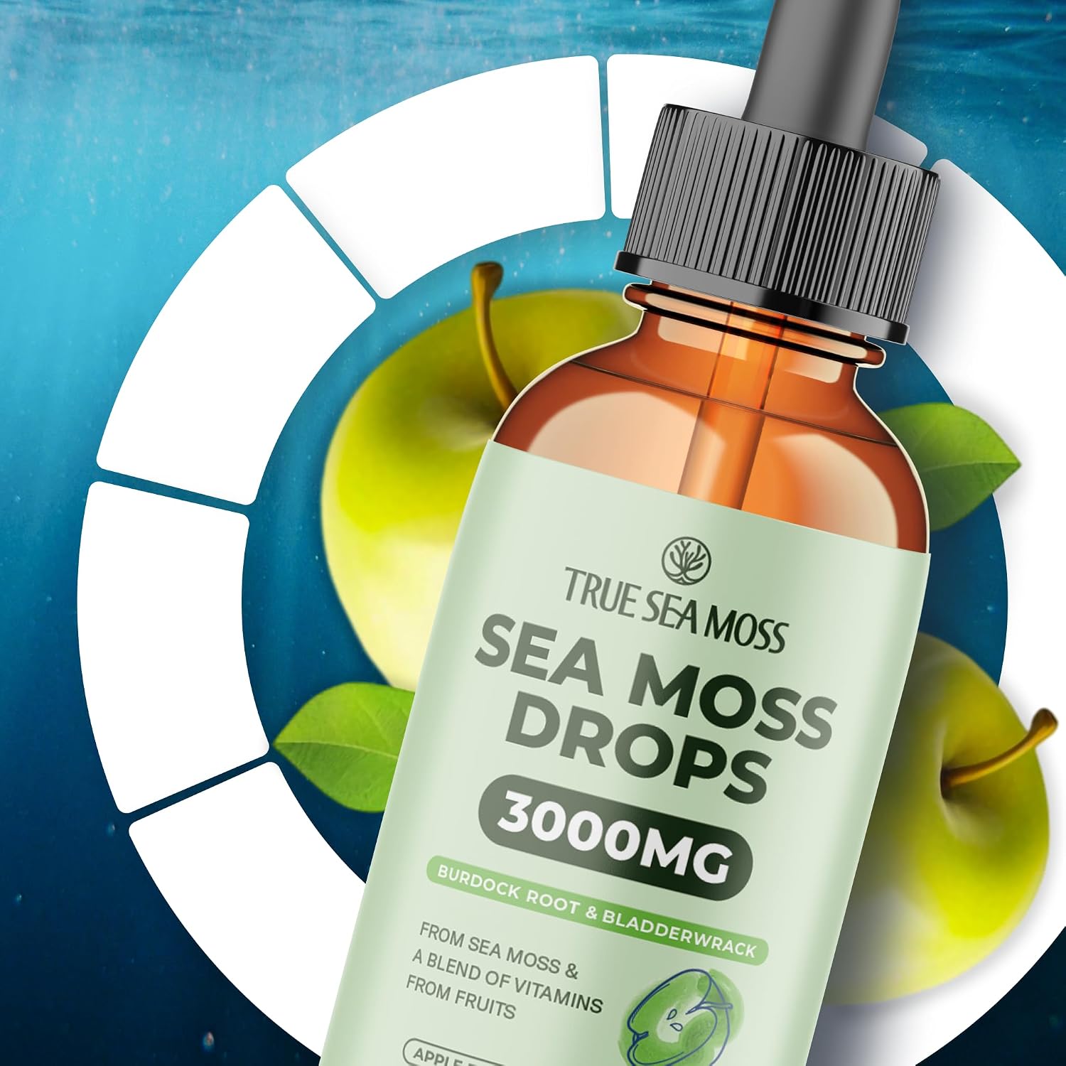 TrueSeaMoss Irish Sea Moss Gotas Líquidas – Aceite de Semilla Negra, Extracto de Bladderwrack, Raíz de Bardana, Vitamina C y Zinc – Sabor Manzana – 30 Dosis