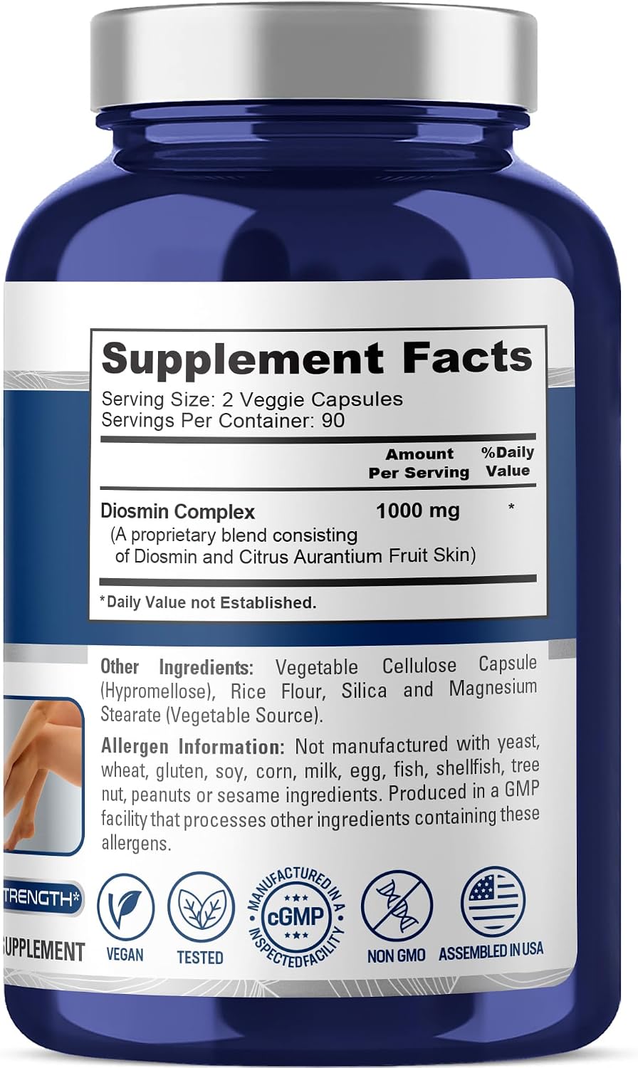 NusaPure Complejo de Diosmina 1.000 mg por porción - 180 Cápsulas Vegetales (No-GMO, Vegano) con Citrus Aurantium