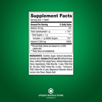 Vitamina C 500 mg, Sabor Fruta Tropical, 200 Comprimidos Masticables, Suplemento Alimenticio + Organizador de Pastillas de 7 Días Incluido (Pack de 2)