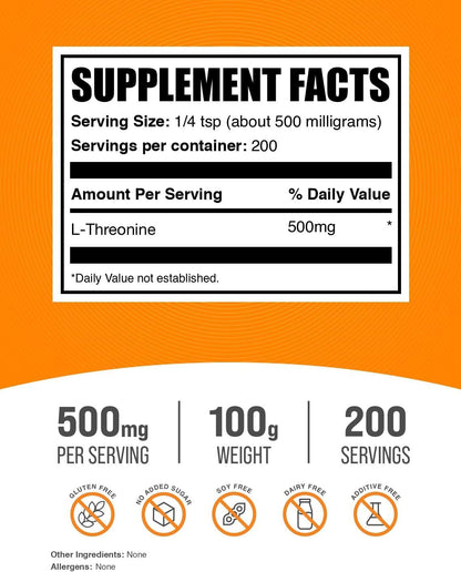 L-Threonina en Polvo de BulkSupplements, 500 mg por Ración, 100 g – Image 2
