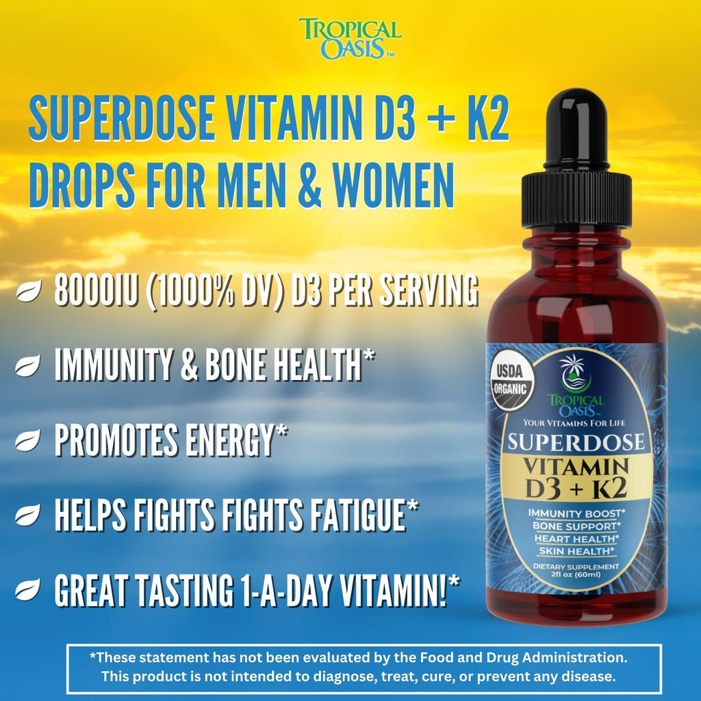 Tropical Oasis Vitamina D3 K2 Líquida Orgánica – Superdosis 8000 UI + 120 mcg K2 – 60 dosis
