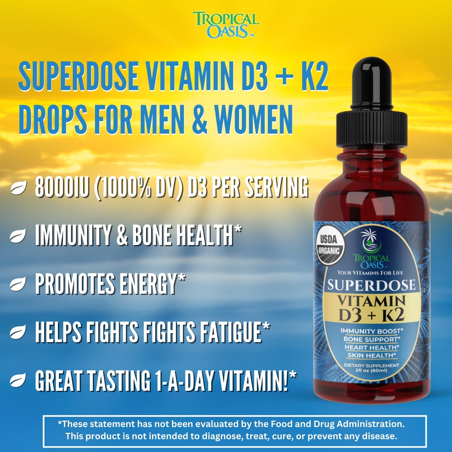Tropical Oasis Vitamina D3 K2 Líquida Orgánica – Superdosis 8000 UI + 120 mcg K2 – 60 dosis
