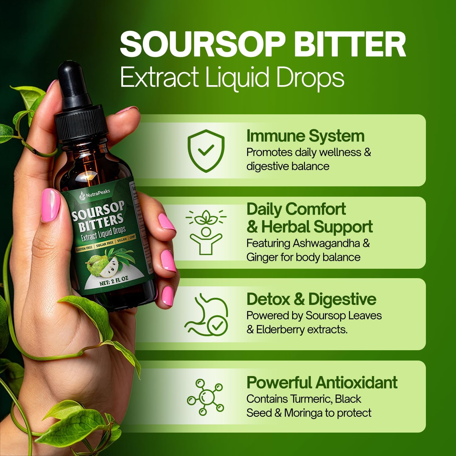 NutraPeaks Soursop Bitters Liquid Drops – 2 fl oz