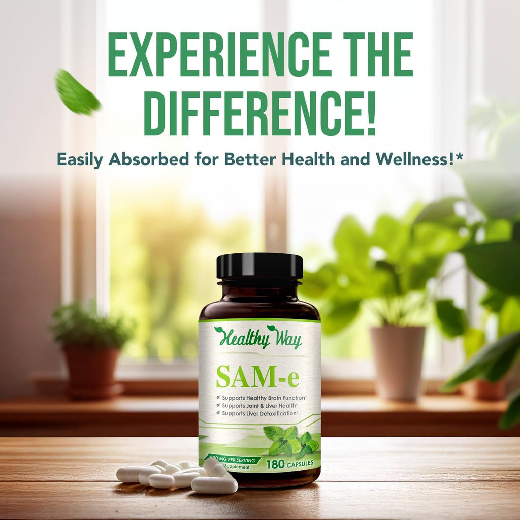 HealthyWayRx SAM-e 500mg - S-Adenosil-L-Metionina - 180 Cápsulas para Apoyo Cerebral y Hepático