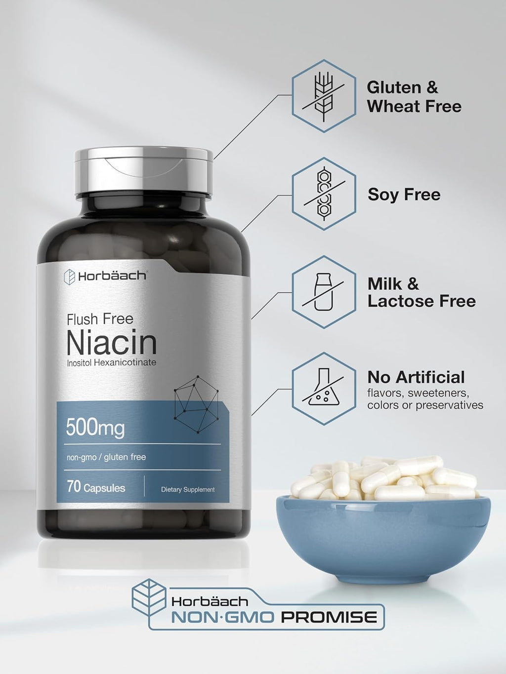 Horbaach Niacina 500mg Sin Enrojecimiento | 70 Cápsulas | Vitamina B3 Inositol Hexanicotinato | Sin OMG y Sin Gluten