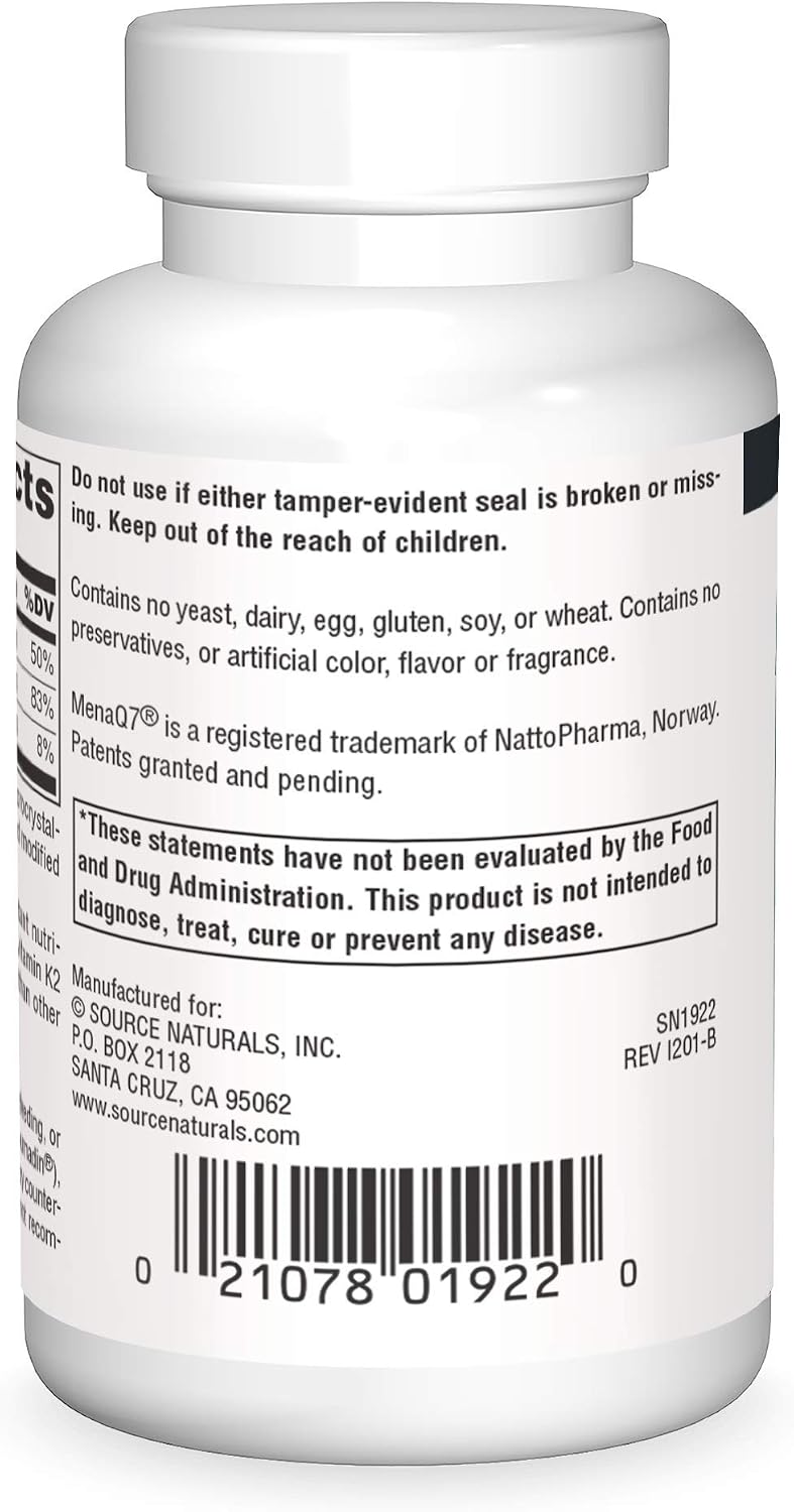 Source Naturals Vitamina K2 + D3 Complejo para Huesos y Corazón - 400 UI Vitamina D3 y 100 mcg Vitamina K2 (MK-7) con Calcio - 60 Comprimidos