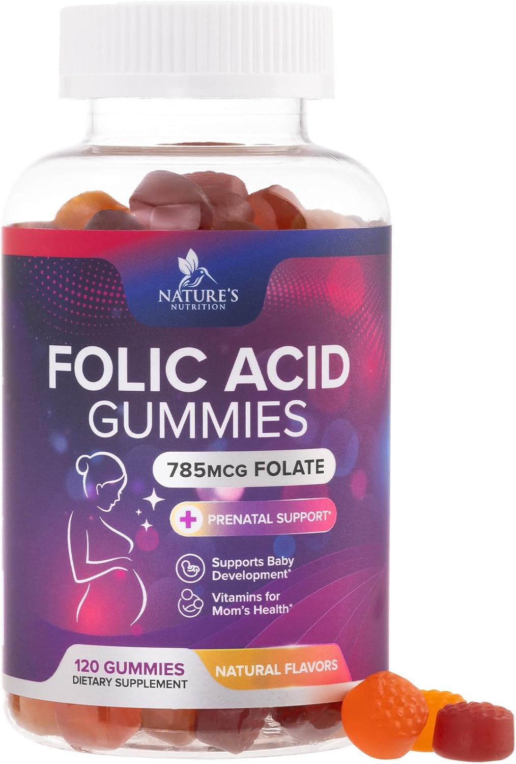 Nature's Nutrition Gominolas de Ácido Fólico - 785 mcg de Folato - Vitaminas Prenatales - 120 Gominolas de Naranja, Cereza y Uva