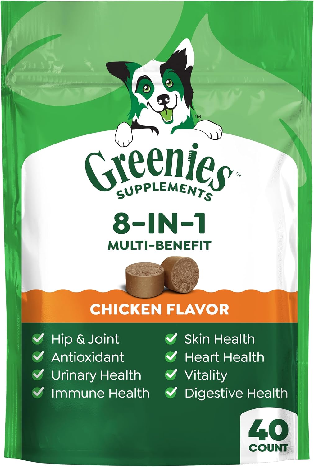 Greenies Suplementos blandos 8-en-1 Multi-Beneficio para perros, sabor pollo, 40 unidades