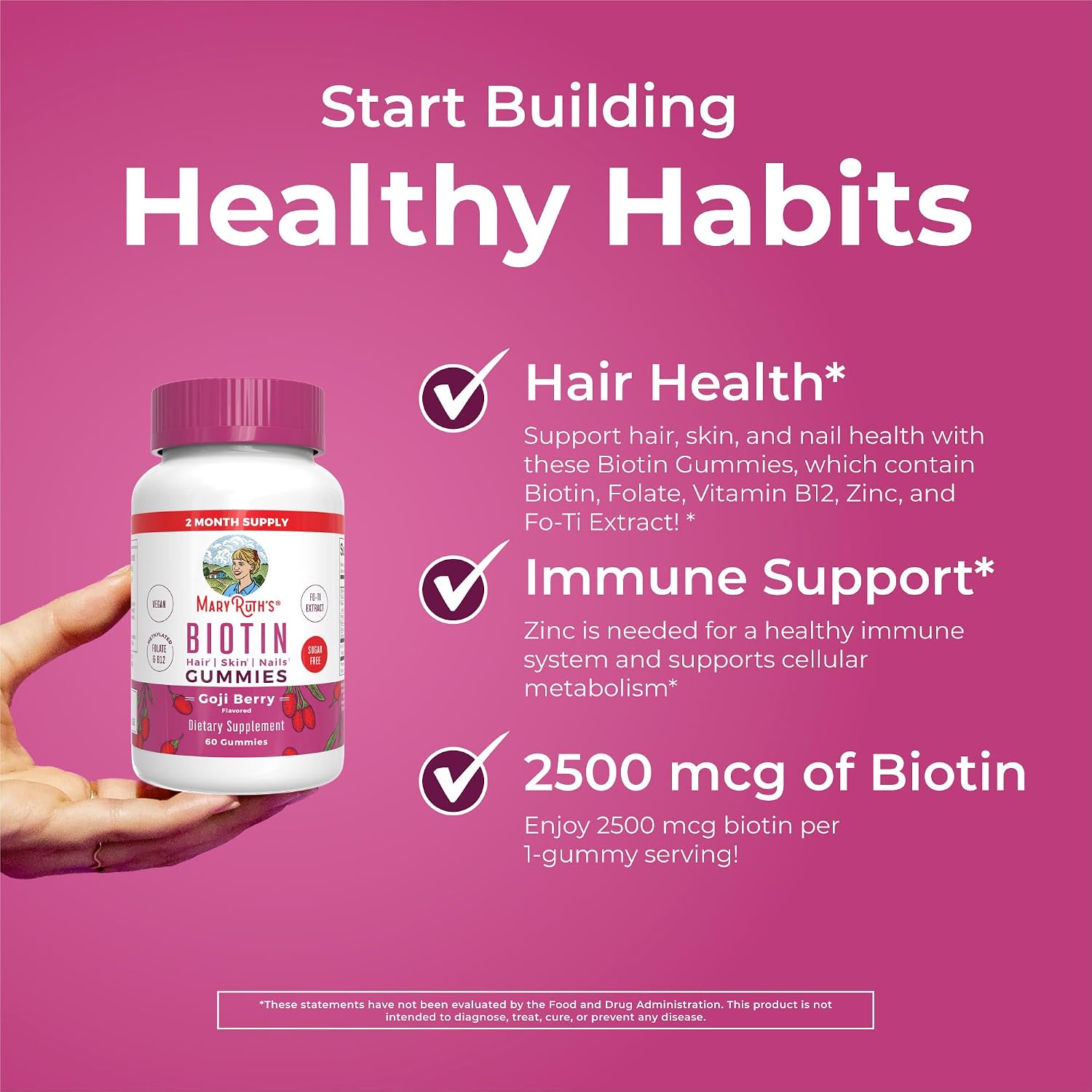 MARYRUTH'S Organics Biotin Gummies - Gominolas de Biotina 2500 μg | Sin Azúcar | Vegano | 60 Unidades