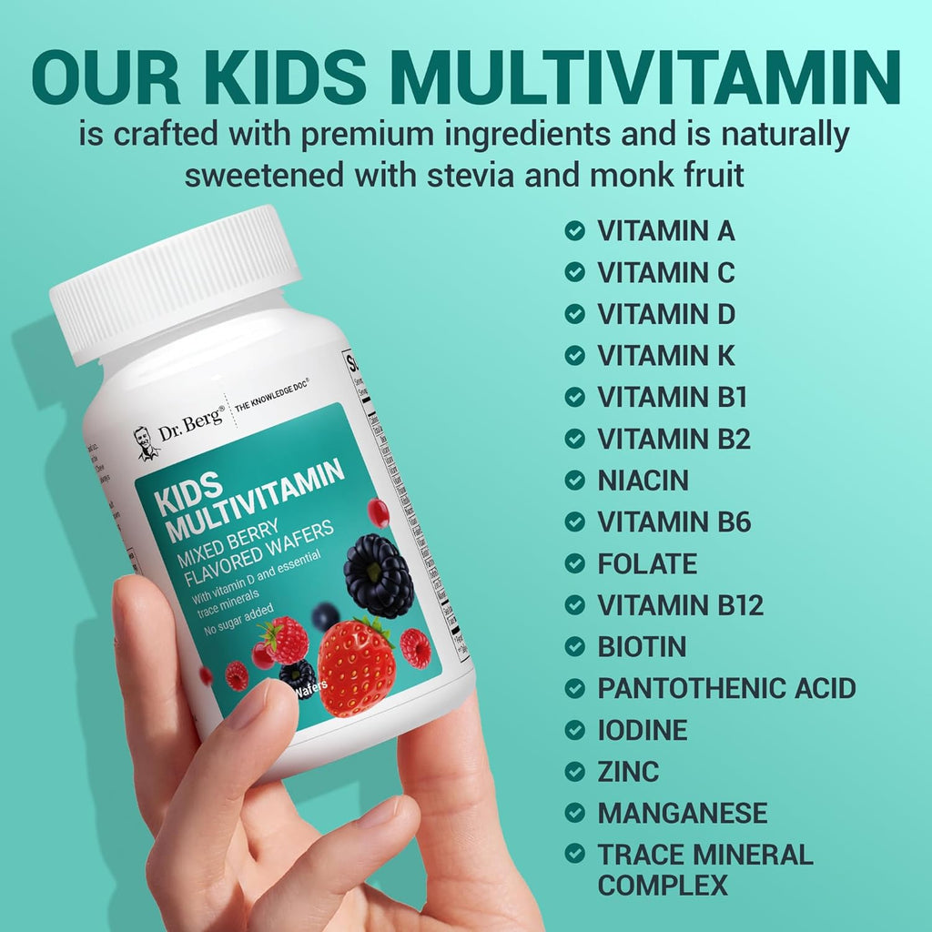 Dr. Berg Kids Chewable Multivitamins (sin azúcar) - Multivitamínico infantil con 20 nutrientes y complejo de minerales traza - sabor a bayas mixtas - 60 wafers