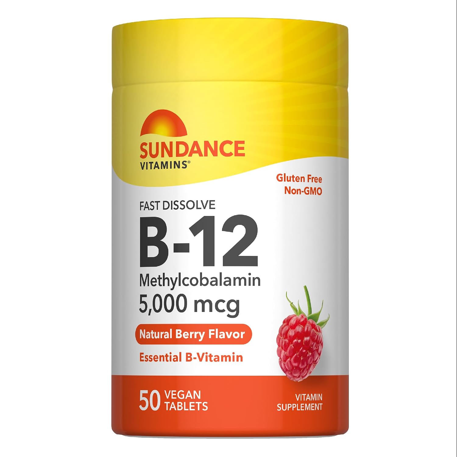 Sundance Vitamina B12 Comprimidos de Disolución Rápida | 5000 mcg | 50 Comprimidos | Metilcobalamina | Sabor Natural a Bayas | Vegano, Sin OGM y Sin Gluten