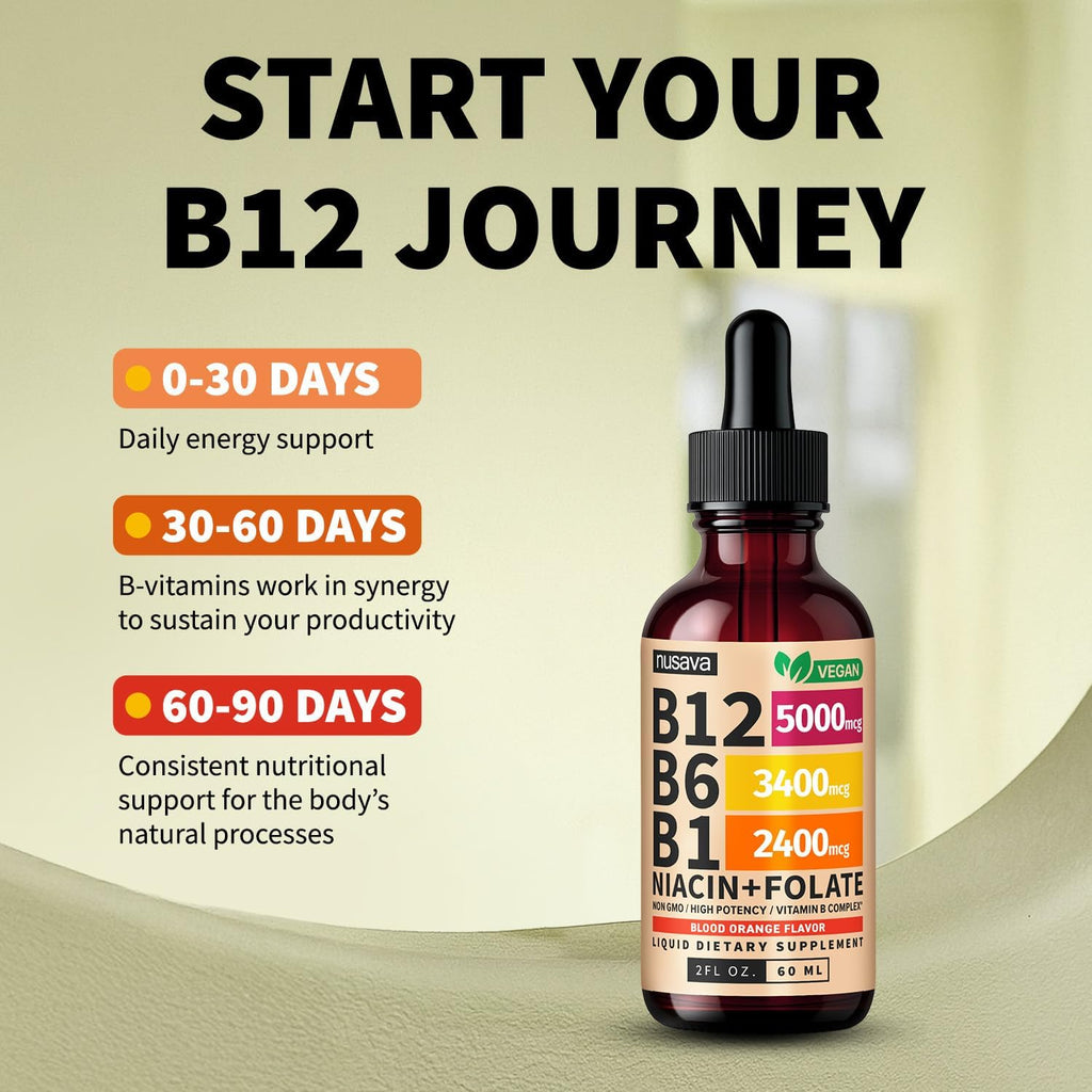 NUSAVA (2 Pack) Gotas Líquidas de Vitamina B12 5000mcg - Sublingual con B6 y Complejo B - Metilcobalamina para Mujeres y Hombres - Suplemento Vegano, Sin OGM, Sabor Naranja Carmesí (2 Fl Oz, 80 Servicios)