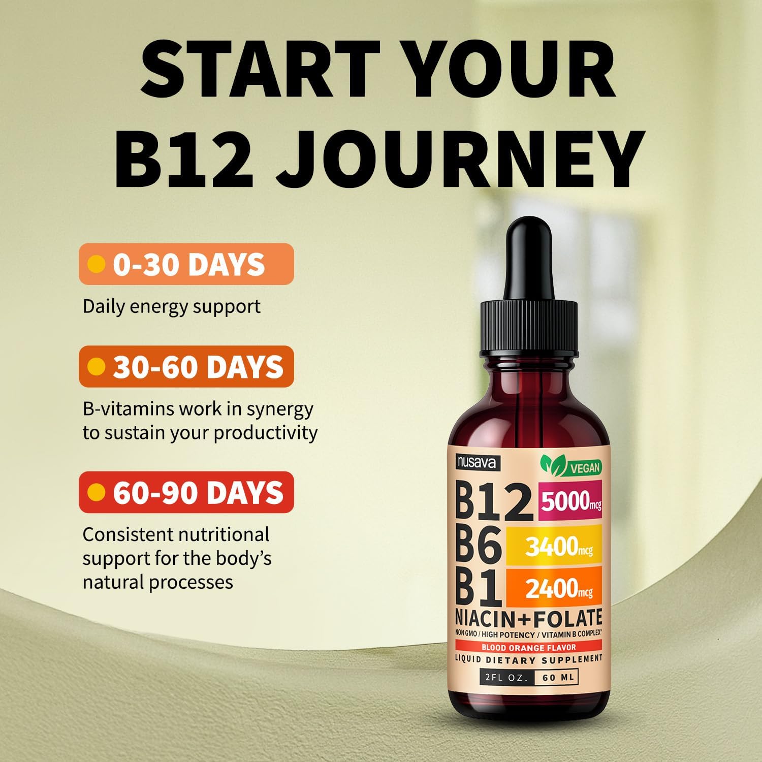 NUSAVA (2 Pack) Gotas Líquidas de Vitamina B12 5000mcg - Sublingual con B6 y Complejo B - Metilcobalamina para Mujeres y Hombres - Suplemento Vegano, Sin OGM, Sabor Naranja Carmesí (2 Fl Oz, 80 Servicios)