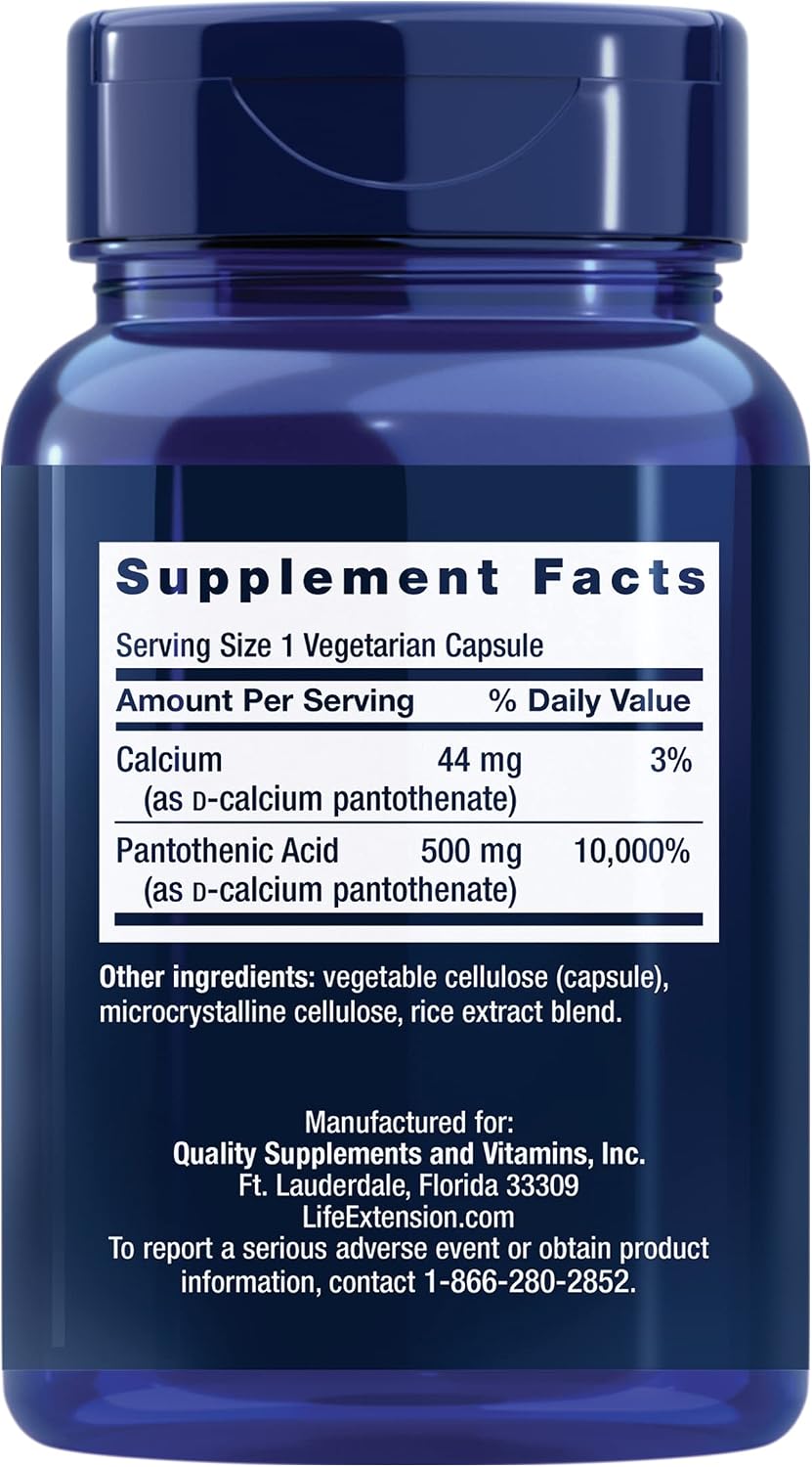 Life Extension Ácido Pantoténico, 500 mg, Vitamina B5, con Calcio, 100 Cápsulas