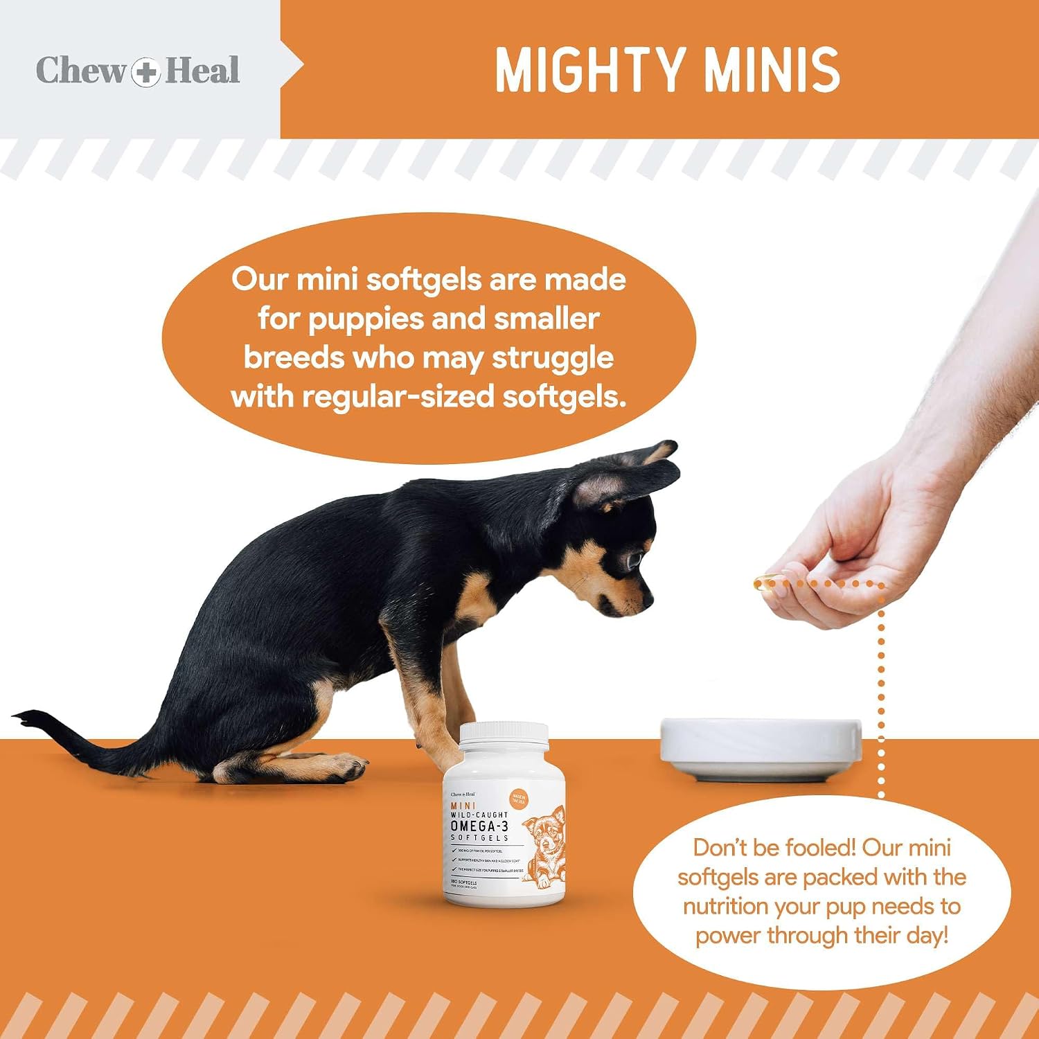 Chew + Heal Labs Aceite de Pescado Omega 3 para Perros Pequeños y Cachorros - 180 Mini Cápsulas Blandas - 300mg Aceite de Salmón Salvaje - EPA y DHA