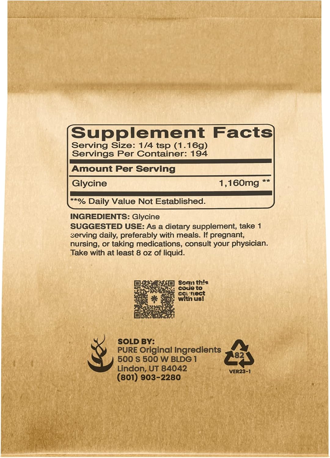 Pure Original Ingredients Glicina en Polvo (227g) - No OGM, Aminoácido No Esencial