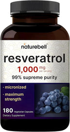 NatureBell Resveratrol - 180 Cápsulas Vegetarianas - 1000mg Extracto de Polygonum Cuspidatum - Apoyo Antioxidante