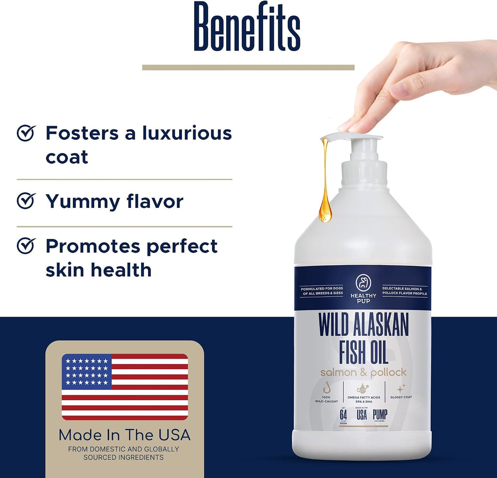 Aceite de Salmón Salvaje de Alaska y Abadejo para Perros - 64 oz (1.89 L) - Omega 3, EPA y DHA - Suplemento para Piel y Pelaje