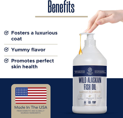 Aceite de Salmón Salvaje de Alaska y Abadejo para Perros - 64 oz (1.89 L) - Omega 3, EPA y DHA - Suplemento para Piel y Pelaje