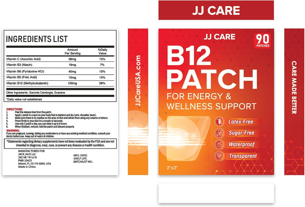 JJ CARE Parche de Vitamina B12 (90 Parches) – Parches Transdérmicos Naturales para Energía