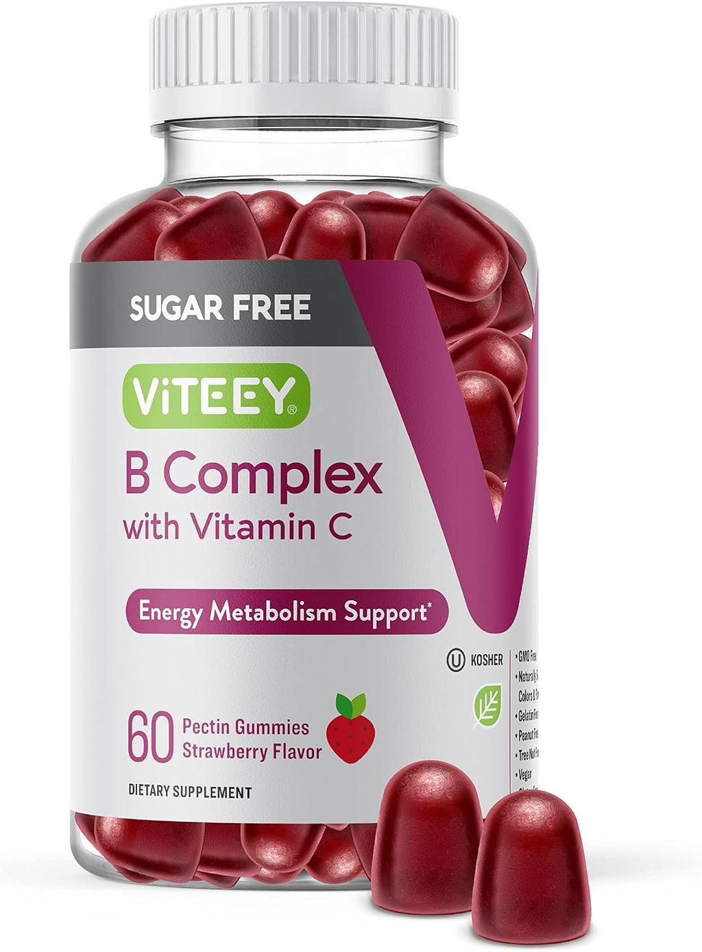 Viteey Gomitas de Complejo B con Vitamina C, Sin Azúcar | Energía, Metabolismo y Salud Nerviosa - B6, B12, Ácido Fólico, Biotina - Vegano, Sin Gelatina, Sin OMG - Sabor Fresa