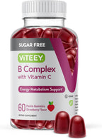 Viteey Gomitas de Complejo B con Vitamina C, Sin Azúcar | Energía, Metabolismo y Salud Nerviosa - B6, B12, Ácido Fólico, Biotina - Vegano, Sin Gelatina, Sin OMG - Sabor Fresa