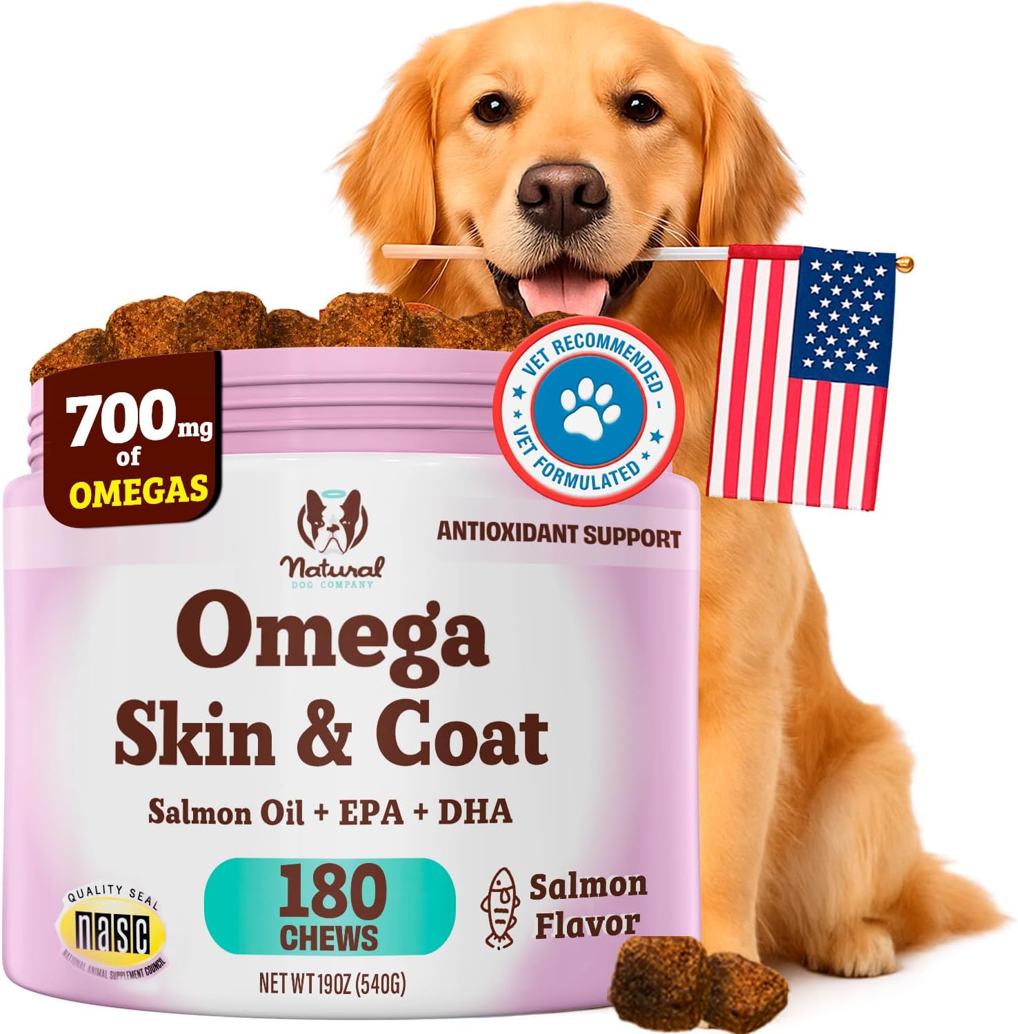 Omega Chews para Perros con Aceite de Salmón y Omega 3 – Apoyo para Piel, Pelo y Articulaciones (180 unidades)