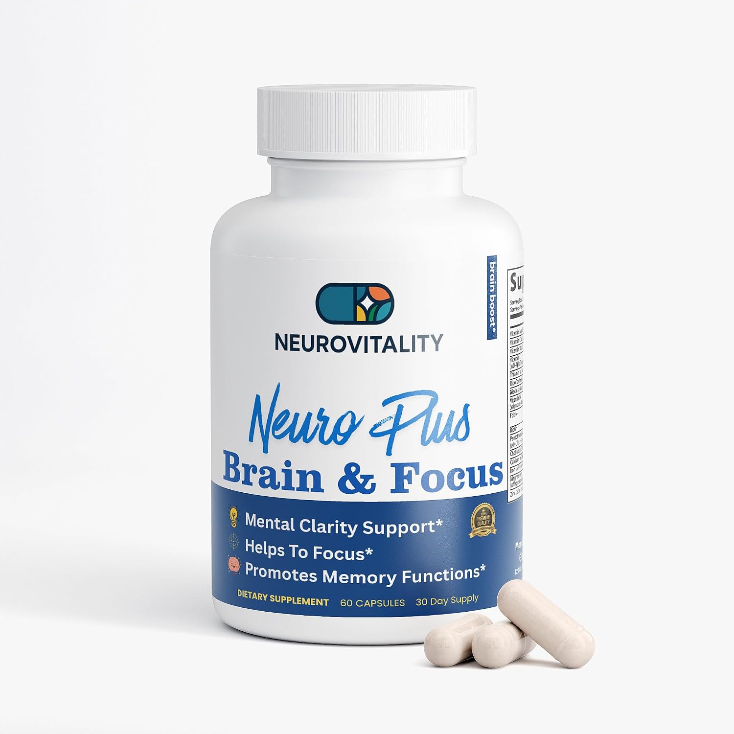 Neuro Plus Brain and Focus Formula – 40 Nootrópicos para Memoria, Enfoque y Claridad Mental (60 Cápsulas)